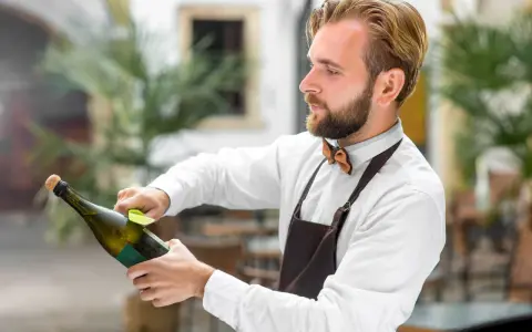 Barman w białej koszuli i brązowym fartuchu pokazuje, jak otwierać szampana, trzymając butelkę i wyciągając korek.