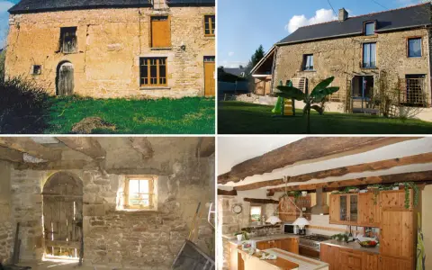 Collage avant/après : maison ancienne délabrée et jardin, puis cuisine rénovée et jardin fleuri.