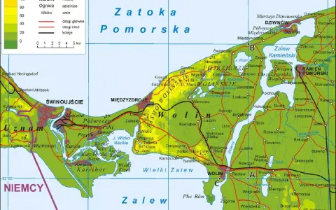 Mapa pokazuje, jak wyszukać miejsce po współrzędnych na Półwyspie Wolińskim.