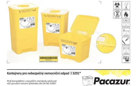 Żółte pojemniki na odpady medyczne 18 01 03, oznaczone jako niebezpieczne i do utylizacji.