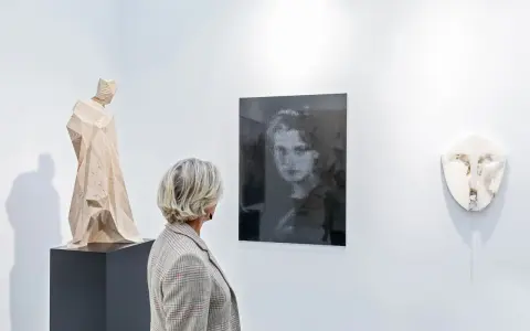 A woman views a collection of art, including a wooden sculpture and a portrait, appreciating art as an asset class.