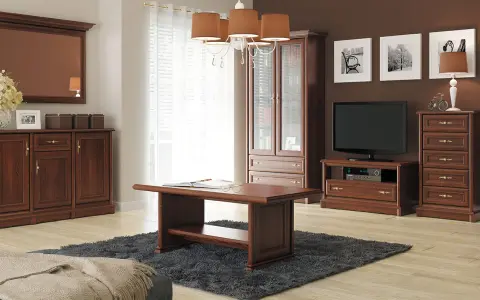 Elegancka komoda Kent w salonie z telewizorem, witryną i stolikiem kawowym.