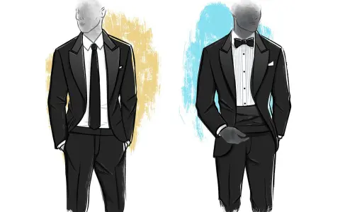 Two figures in tuxedos. One wears a tuxedo with a regular tie, the other a tuxedo with a bow tie and cummerbund.