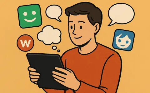 Chłopak z tabletem szuka informacji, skąd pobierać komiksy po polsku. Widoczne ikony aplikacji i dymki myśli.