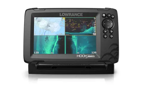 Écran du sondeur Lowrance Hook 7 affichant une carte nautique et des vues sonar. Réglage sondeur Lowrance Hook 7 pour une pêche réussie.