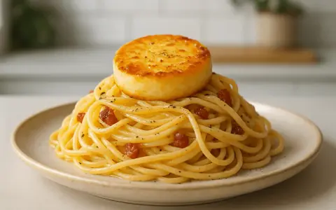 Porcja spaghetti carbonara z okrągłym, podsmażonym serem na wierzchu.