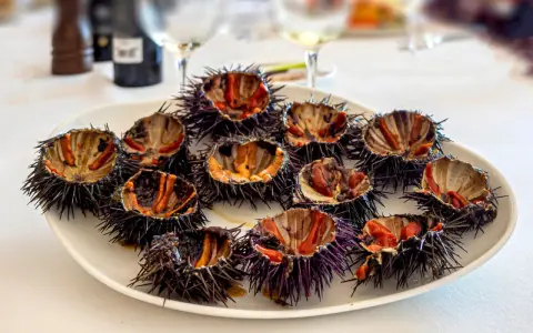 Plato con varios tipos de erizos de mar abiertos, mostrando su interior anaranjado y morado, listos para degustar.