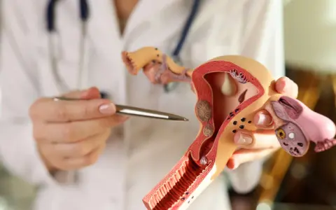 Lekarz wskazuje na model narządów rodnych kobiety, omawiając budowę endometrium.