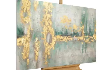 Une peinture abstraite sur toile avec des touches de vert émeraude et des éclats dorés. Une belle idée peinture sur toile pour un intérieur moderne.