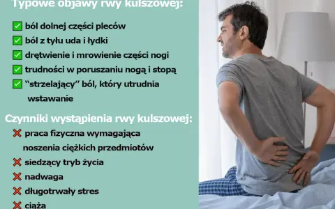 Mężczyzna z bólem pleców, doświadczający typowych objawów rwy kulszowej: bólu dolnej części pleców, uda, łydki, drętwienia, mrowienia i trudności w poruszaniu.
