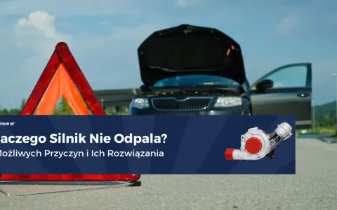Awaryjny trójkąt i otwarty bagażnik czarnego auta sugerują problem z odpalaniem na ciepłym silniku benzyna.