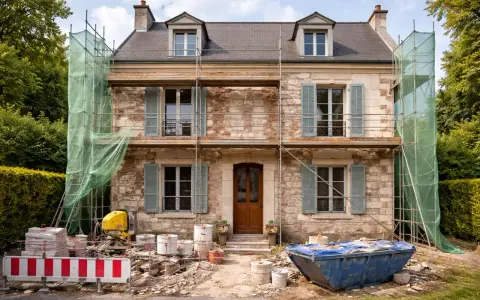 Façade maison en pierre en rénovation, échafaudages et bâches vertes protègent les travaux. Matériaux de construction et benne à gravats au premier plan.