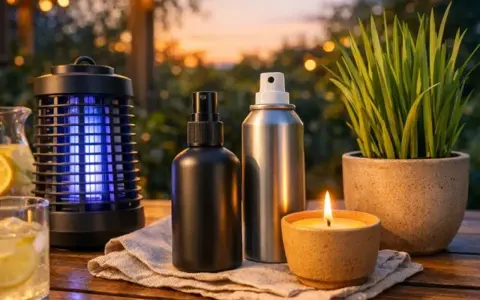 Wieczorny relaks na tarasie: lampa UV, spray, świeca i napój. Skuteczne środki, co odstrasza komary w nocy, zapewniają spokój.