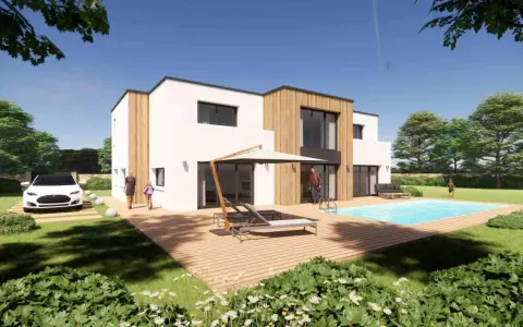 Une famille profite de sa nouvelle maison moderne avec piscine. Le rêve de construire sa propre maison est devenu réalité.