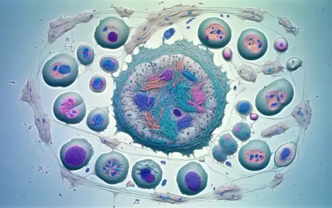 Células en división, algunas con cromosomas visibles, en un proceso que recuerda a la meiosis II.