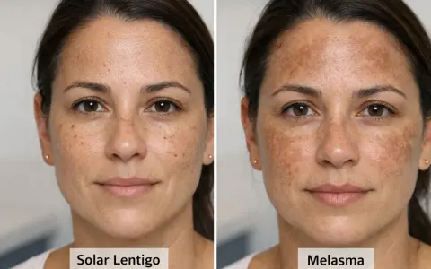 Comparaison de taches de vieillesse : d'un côté, des taches solaires légères, de l'autre, un mélasma plus prononcé.