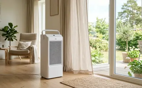 Climatizador blanco en salón moderno, mostrando la diferencia entre aire acondicionado y climatizador.