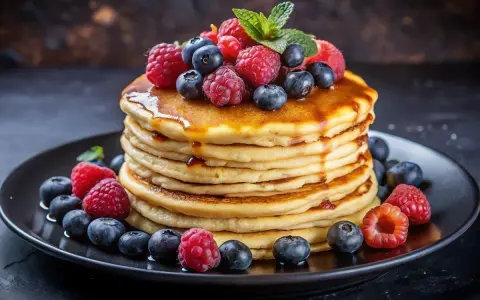 En hög med fluffiga pannkakor, toppad med färska bär och sirap. Perfekt för en mysig frukost, inspirerad av ett enkelt pannkakssmet recept.