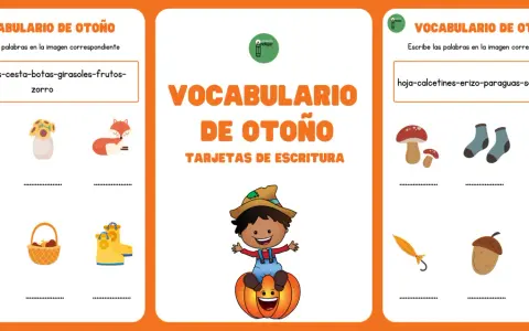 Tarjetas de escritura para aprender vocabulario de otoño: almendras, cesta, botas, girasoles, frutos, zorro, hoja, calcetines, erizo, paraguas, setas, bellota.