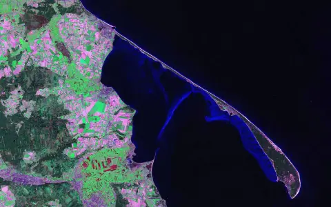 Widok satelitarny ukazuje fragment Zatoki Puckiej z terenami rolniczymi w odcieniach zieleni i różu.