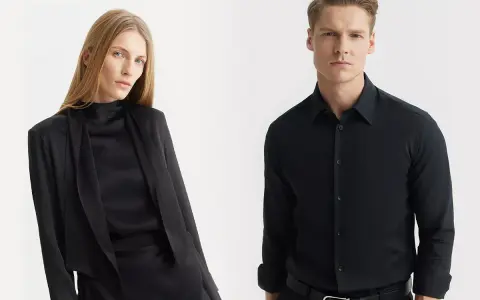 Elegancka kobieta w czarnej stylizacji i mężczyzna w czarnej koszuli męskiej, prezentujący klasyczne, ponadczasowe zestawy.