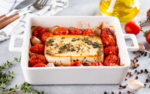 Pieczeni ser feta z pomidorkami koktajlowymi i czosnkiem, idealne dania na imprezę na ciepło.