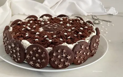 Torta Pan di Stelle decorata con biscotti, crema e briciole di cioccolato. Un dolce stellare!