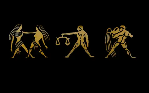 Złote symbole zodiaku: Bliźnięta, Waga (jaki żywioł powietrza), Wodnik na czarnym tle.