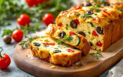 Un délicieux cake salé aux olives, tomates et courgettes, garni d'herbes fraîches, prêt à être dégusté.