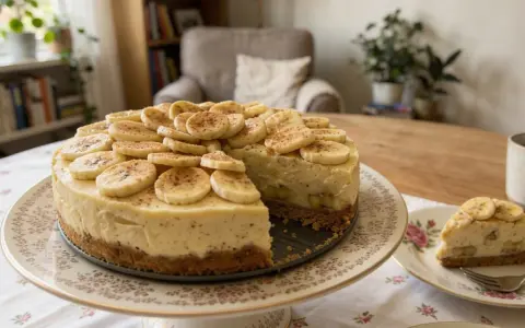 Pyszny sernik z bananami, udekorowany plasterkami owoców i cynamonem, kusi na paterze. Obok kawałek na talerzyku.