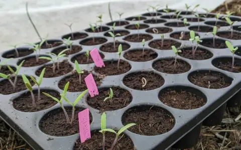Plateau de semis avec de jeunes plants de tomates. Les étiquettes roses indiquent les variétés.