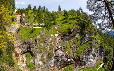 Der Hausbachfall Klettersteig mit Einstieg, Seilbrücke und Schwierigkeitsgraden (A-C) führt durch eine felsige Schlucht mit Wasserfall.