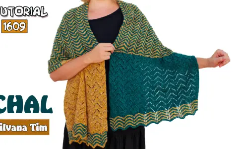 Chal tejido a dos agujas con patrones de zig-zag en amarillo y verde. Tutorial 1609.