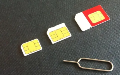Tre schede SIM di diverse dimensioni, una rossa e bianca, e uno strumento per estrarre il **numero seriale SIM**.
