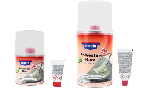 Presto Polyesterharz-Spray mit Härter für Reparaturen an Metall, Holz und Beton. Ideal für Durchrostungen, Löcher und Risse.