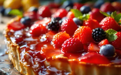 Tarte aux fruits rouges, fraises, framboises, mûres et myrtilles, nappée d'un glacage fruit rouge brillant.