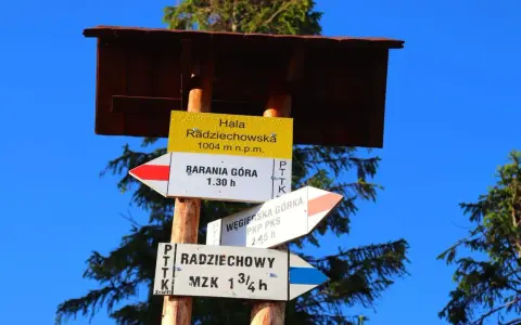 Droga na Halę Radziechowską, 1004 m n.p.m., prowadzi do Baraniej Góry (1.30 h) i Węgierskiej Górki (2.45 h).