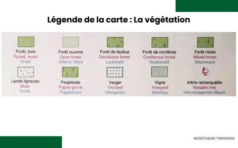Légende de la carte : La végétation. Le **signification** des symboles pour forêts, landes, peupleraies, vergers, vignes et arbres remarquables.