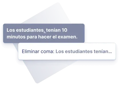 Texto para poner puntos y comas: "Los estudiantes tenían 10 minutos para hacer el examen." Se muestra cómo eliminar la coma.