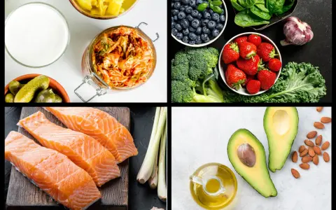 En bild med livsmedel som kan ingå i en antiinflammatorisk kost: lax, bär, grönsaker, avokado, olivolja och fermenterad mat.