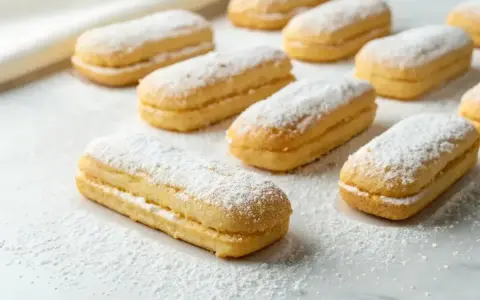 Une rangée de biscuits cuillère saupoudrés de sucre glace, prêts à être dégustés.