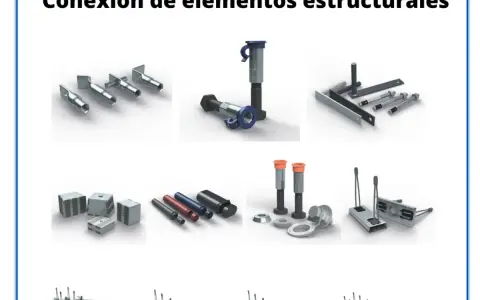 Diversos elementos para uniones mecánicas: pernos, tuercas, escuadras y anclajes.
