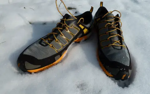 Graue und orangefarbene trailrunningschuhe zum wandern liegen im Schnee.