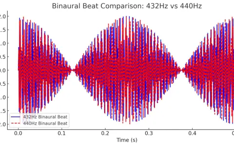 Wykres porównuje fale dźwiękowe 432 Hz i 440 Hz. Muzyka 432 Hz jest reprezentowana przez niebieską linię, a 440 Hz przez czerwoną.