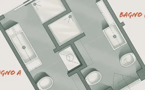 Progetto per ricavare due bagni adiacenti: Bagno A con vasca e lavabo, Bagno B con doccia, vasca e WC.