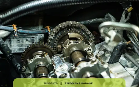 Close-up of car engine timing chain and gears. This could be related to a p0017 code issue.