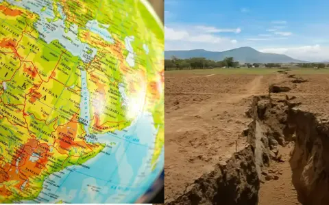 Mapa świata z zaznaczonym **Rów Afrykański** i jego krajobrazem.