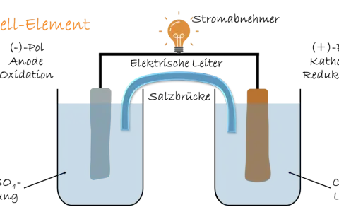 Daniell-Element: Zwei Bechergläser mit Elektroden und Elektrolyt, verbunden durch eine Salzbrücke. Eine Glühbirne leuchtet.