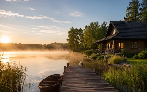 Idealny weekend w Polsce: drewniany domek nad jeziorem, mgła o poranku, łódka przy pomoście. Cisza i spokój.
