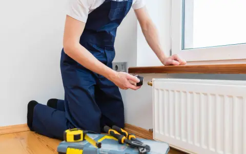 Instalator montuje termostat do grzejnika pod parapetem. Obok leży skrzynka z narzędziami.